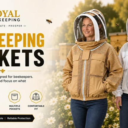 Two women wearing beekeeping jackets in an outdoor apiary setting. One jacket is tan/beige and the other is white, both with full face shields.