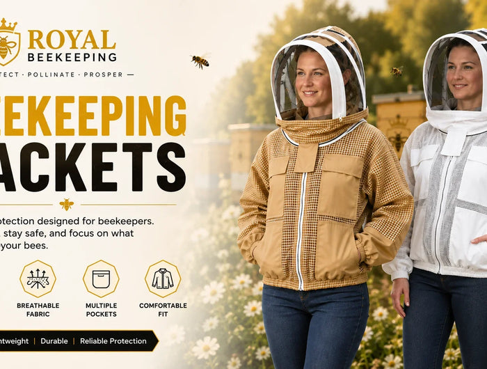 Two women wearing beekeeping jackets in an outdoor apiary setting. One jacket is tan/beige and the other is white, both with full face shields.
