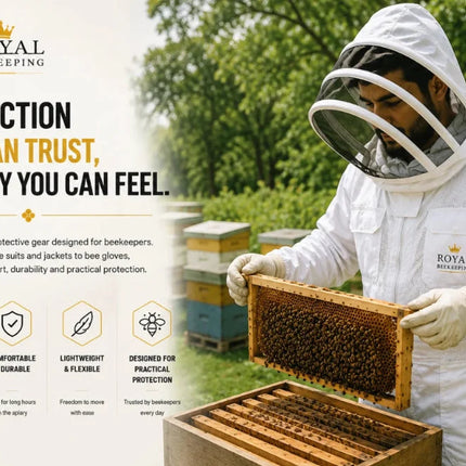 A beekeeper in a white Royal Beekeeping protective suit and veil holds a honeycomb frame outdoors among beehives, with promotional text and feature icons on the left side of the image.
