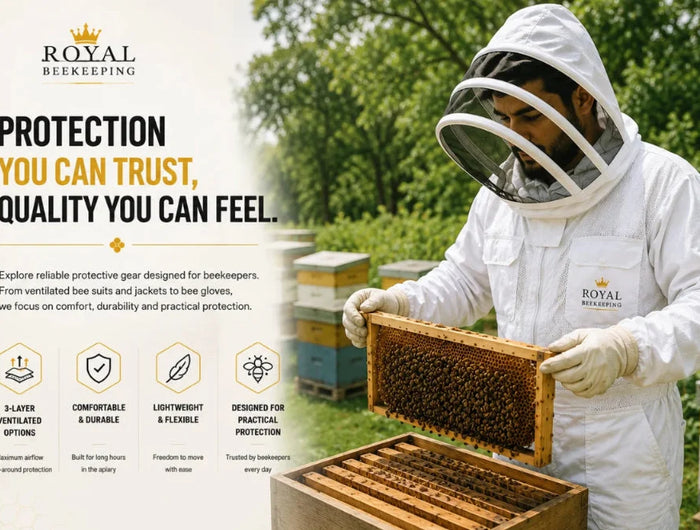 A beekeeper in a white Royal Beekeeping protective suit and veil holds a honeycomb frame outdoors among beehives, with promotional text and feature icons on the left side of the image.
