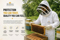 A beekeeper in a white Royal Beekeeping protective suit and veil holds a honeycomb frame outdoors among beehives, with promotional text and feature icons on the left side of the image.