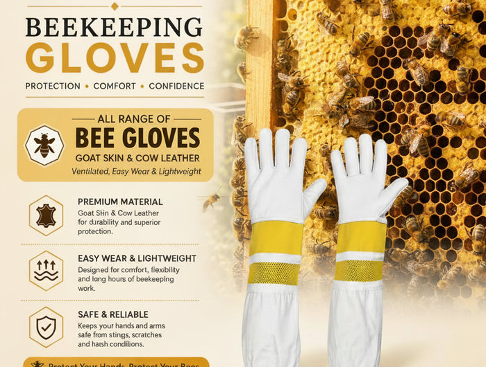Royal Beekeeping protective beekeeping gloves shown on a person handling a beehive frame, with two gloves displayed in front. The image includes product text highlighting features such as premium goat skin and cow leather material, lightweight design, and safety for beekeeping work.