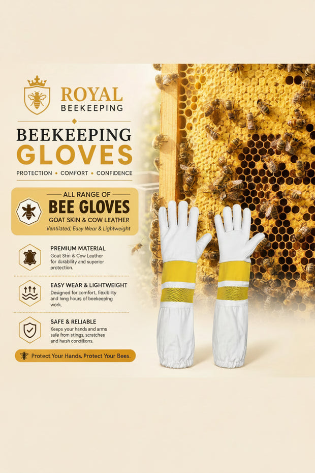 Royal Beekeeping protective beekeeping gloves shown on a person handling a beehive frame, with two gloves displayed in front. The image includes product text highlighting features such as premium goat skin and cow leather material, lightweight design, and safety for beekeeping work.