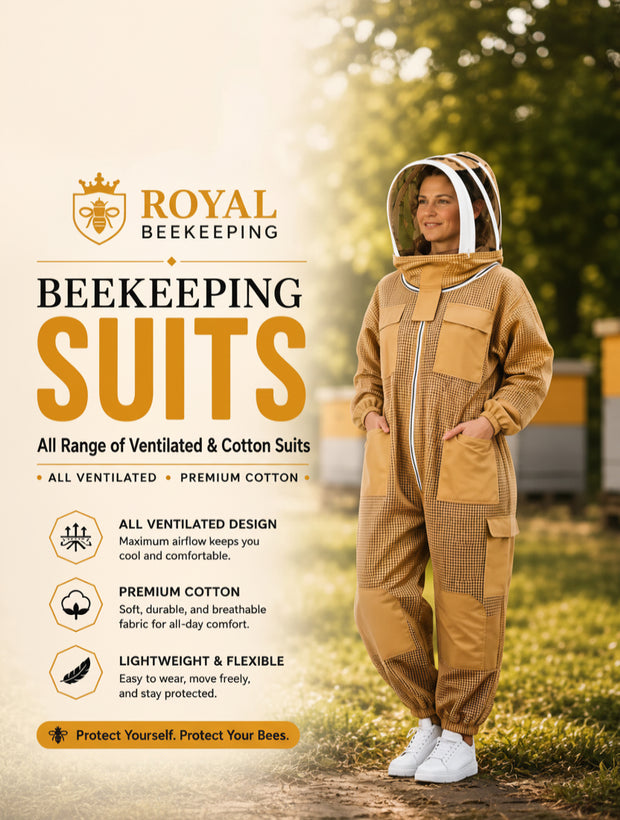 A woman wearing a tan beekeeping suit with a white and black face veil stands outdoors in a beekeeping apiary, with text on the left promoting Royal Beekeeping ventilated and cotton suits.