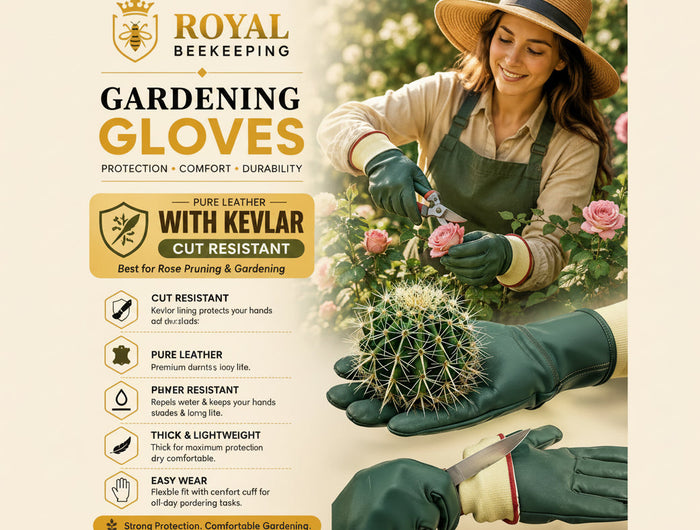 Royal Beekeeping gardening gloves in use by a woman gardening among roses, with a large product feature graphic on the left highlighting Kevlar cut resistance and other benefits.