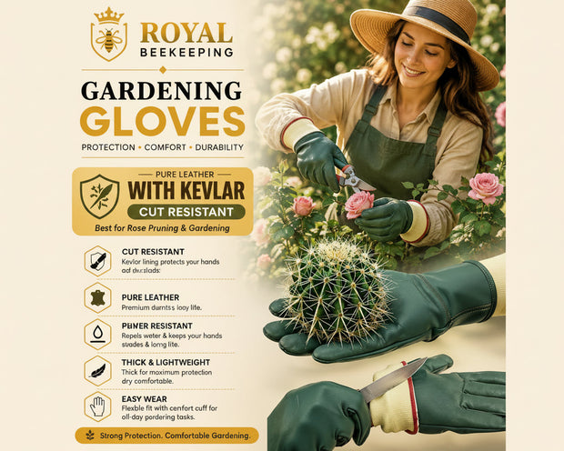 Royal Beekeeping gardening gloves in use by a woman gardening among roses, with a large product feature graphic on the left highlighting Kevlar cut resistance and other benefits.