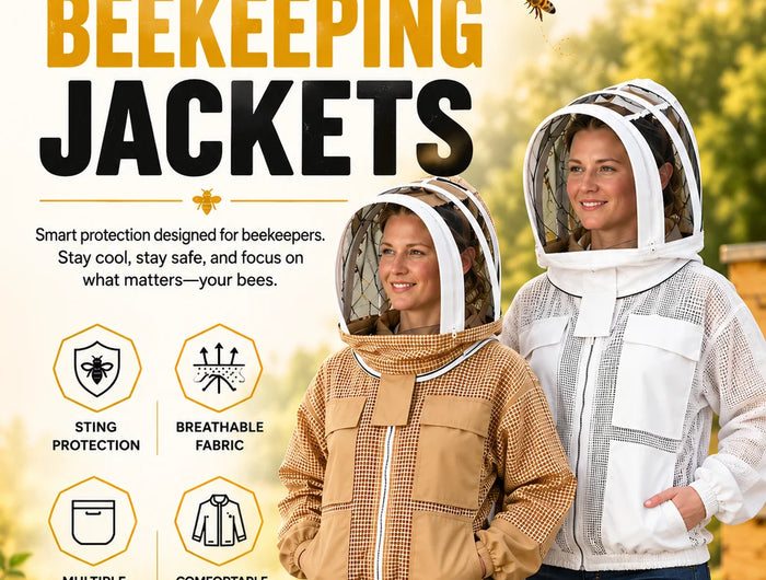 Two women wearing beekeeping jackets in an outdoor apiary setting. One jacket is tan/beige and the other is white, both with full face shields.