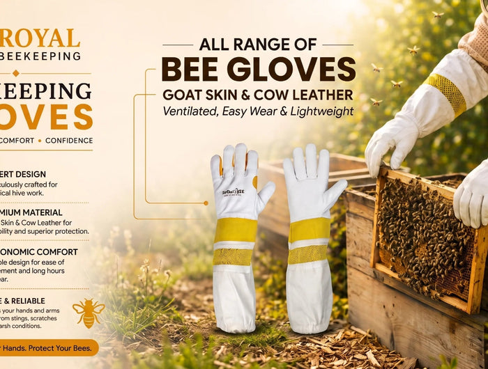 Royal Beekeeping gloves in use on a beekeeper's hands while working with a beehive frame, alongside a pair of white and yellow striped gloves on a rustic wooden surface. The image is a promotional graphic with text highlighting the features of the beekeeping gloves.