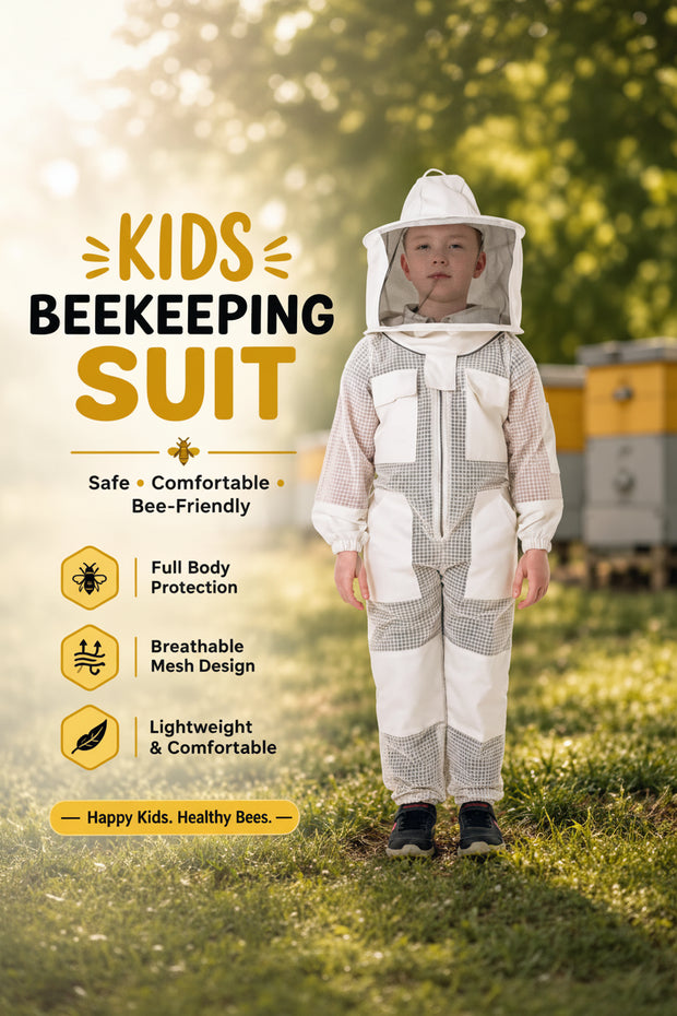 A child wearing a kids beekeeping suit with a white veil stands outdoors on grass in front of beehives. The image includes promotional text on the left highlighting features like full body protection, breathable mesh design, and lightweight comfort.