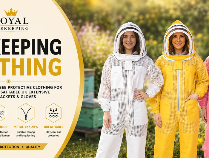 A promotional banner for Royal Beekeeping Clothing showing three women wearing protective bee jackets in white, yellow, and pink, standing outdoors in front of a blurred garden background. The left side features a large beige graphic panel with the Royal Beekeeping logo, product text, and feature icons.
