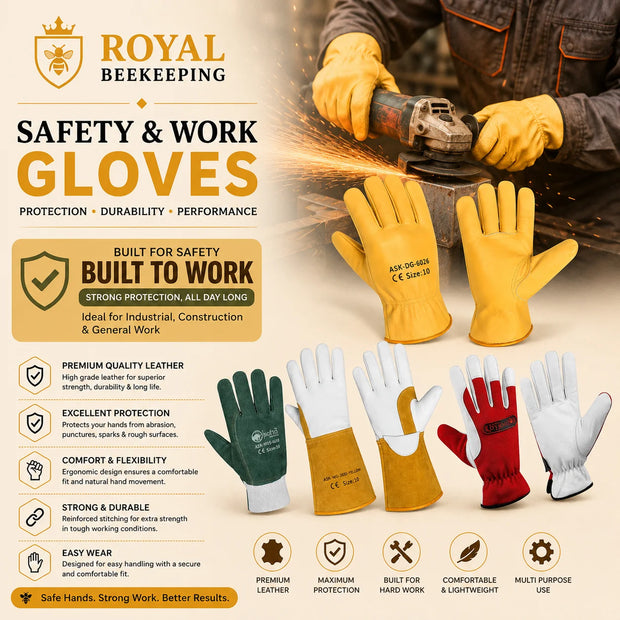 Royal Beekeeping safety and work gloves, showing a pair of yellow leather gloves on the right, a large yellow glove on the left, and several other glove color options along the bottom. Text highlights features like premium quality leather, excellent protection, and comfort and flexibility.